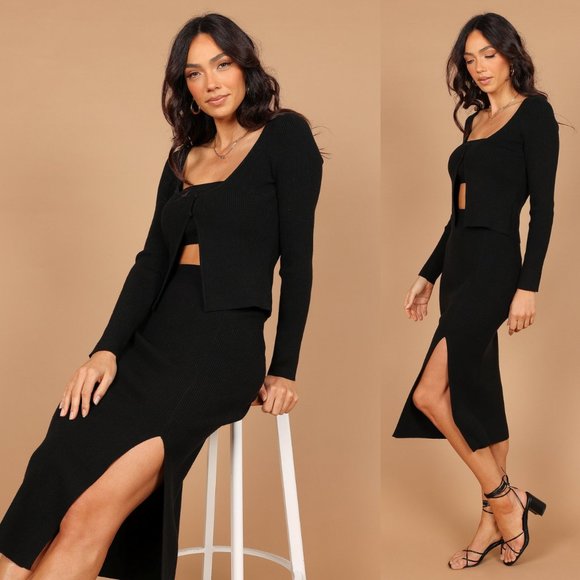 Petal & Pup Dresses & Skirts - Petal & Pup NEW Luna 3 Piece Knitted Set Black Sweater Midi Dress Size XS